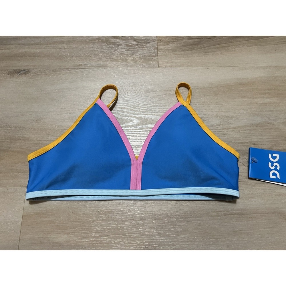 DSG Girls Bound Bikini Top Aqua Blue Pink‎ Trim Size Large 50+ UV Protection